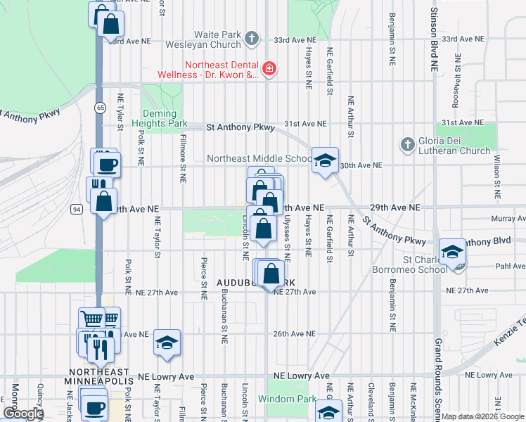 map of restaurants, bars, coffee shops, grocery stores, and more near 2919 Johnson Street Northeast in Minneapolis