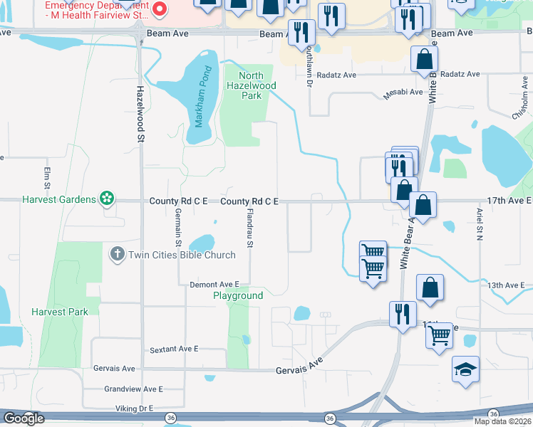 map of restaurants, bars, coffee shops, grocery stores, and more near 1697 County Road C East in Maplewood