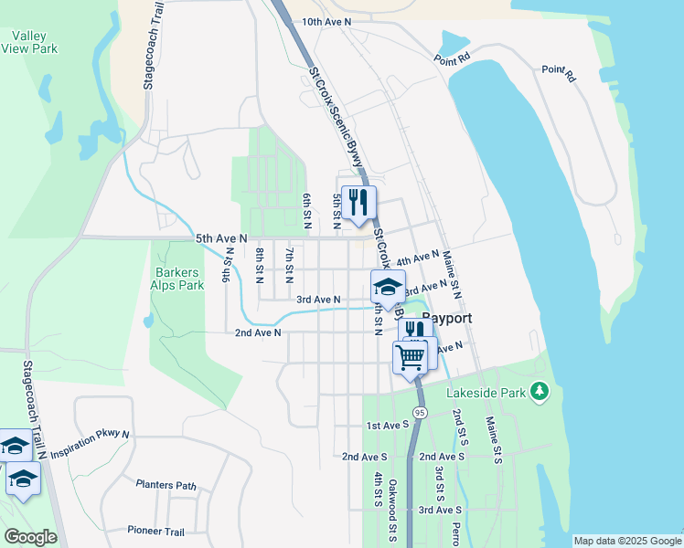 map of restaurants, bars, coffee shops, grocery stores, and more near 488 5th Street North in Bayport