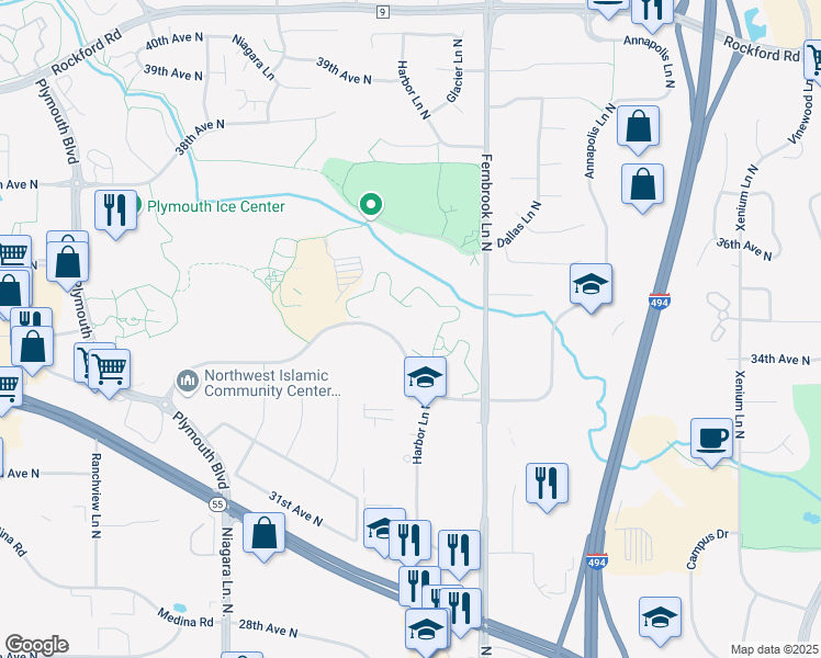 map of restaurants, bars, coffee shops, grocery stores, and more near 14550 34th Avenue North in Plymouth