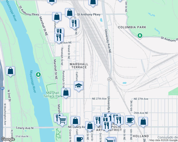map of restaurants, bars, coffee shops, grocery stores, and more near 113 27th Avenue Northeast in Minneapolis