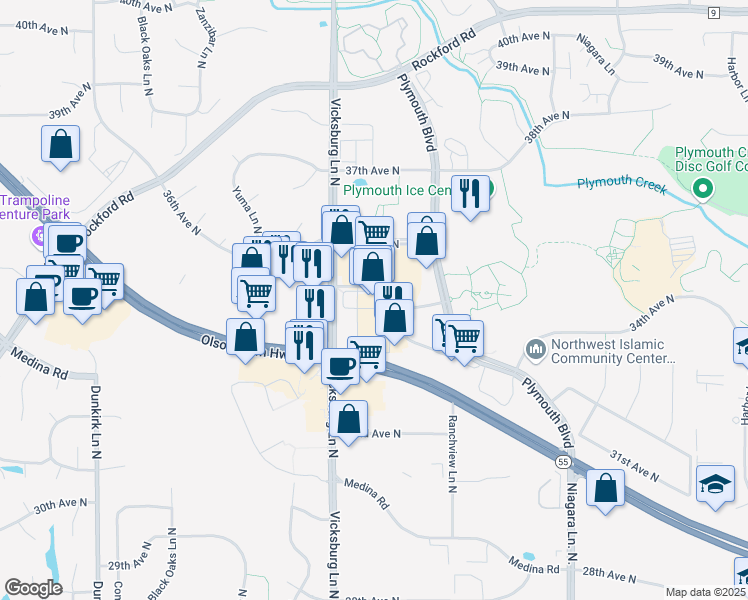 map of restaurants, bars, coffee shops, grocery stores, and more near 3500 Vicksburg Lane North in Plymouth