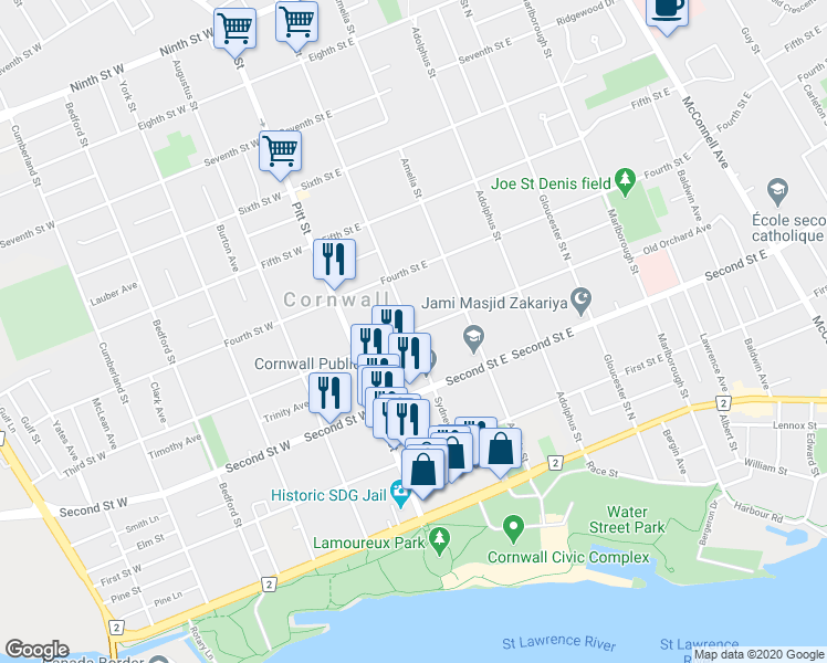 map of restaurants, bars, coffee shops, grocery stores, and more near 115 Third Street East in Cornwall
