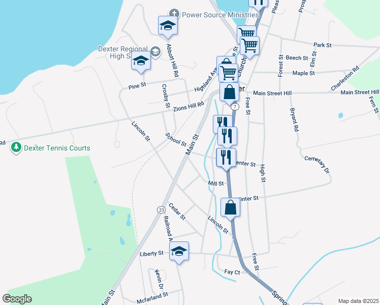 map of restaurants, bars, coffee shops, grocery stores, and more near 55 Main Street in Dexter