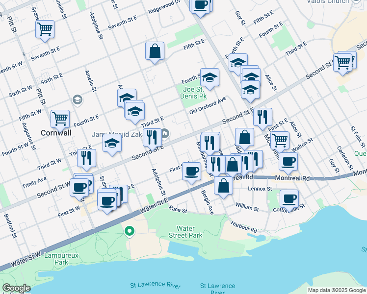 map of restaurants, bars, coffee shops, grocery stores, and more near 417 Second Street East in Cornwall