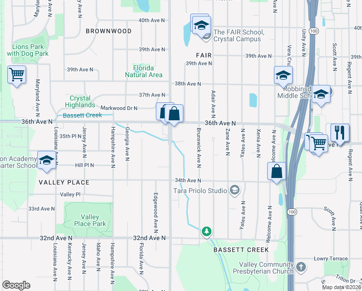 map of restaurants, bars, coffee shops, grocery stores, and more near 6121 36th Avenue North in Minneapolis