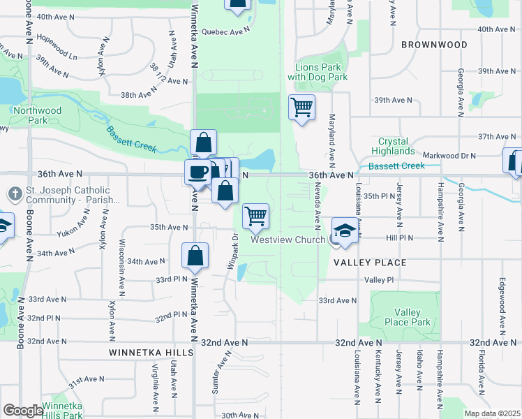 map of restaurants, bars, coffee shops, grocery stores, and more near 7611 36th Avenue North in New Hope