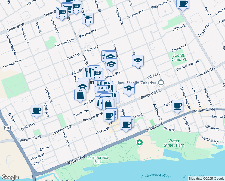 map of restaurants, bars, coffee shops, grocery stores, and more near 304 Sydney Street in Cornwall