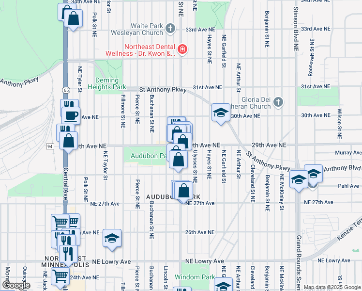 map of restaurants, bars, coffee shops, grocery stores, and more near Johnson Street Northeast & 29th Avenue Northeast in Minneapolis