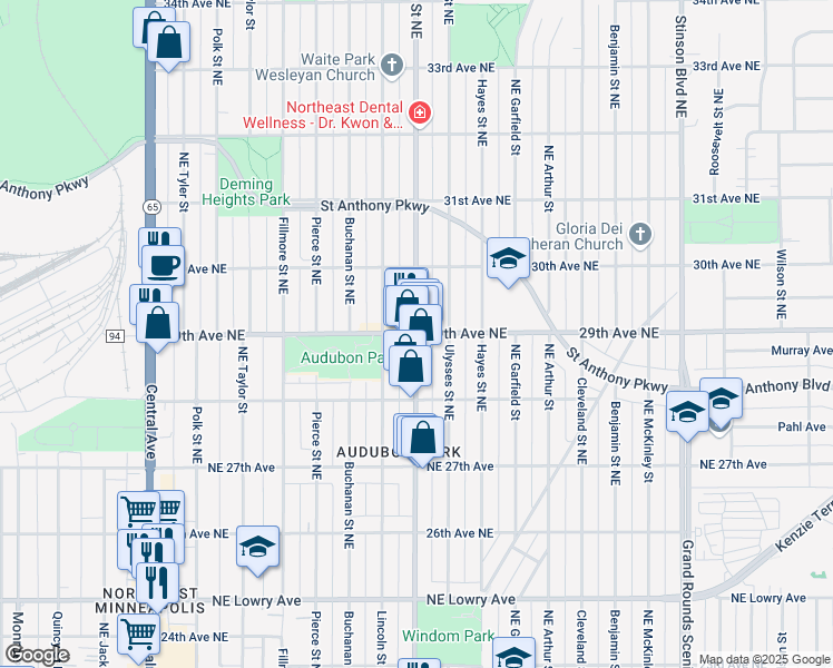 map of restaurants, bars, coffee shops, grocery stores, and more near County Road C in Minneapolis