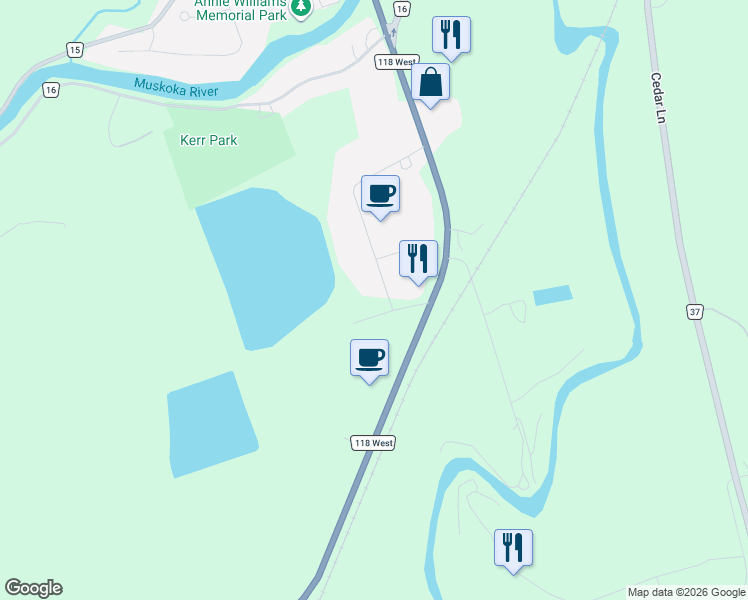 map of restaurants, bars, coffee shops, grocery stores, and more near 55 East P. Lee Drive in Bracebridge