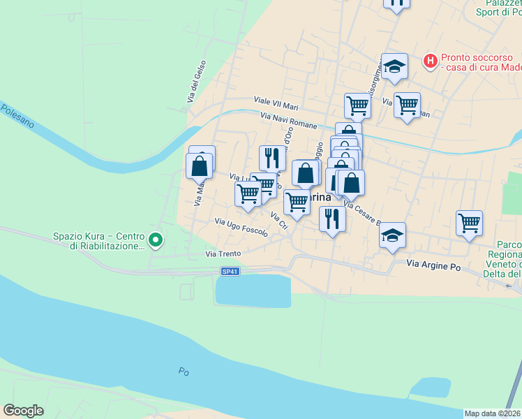 map of restaurants, bars, coffee shops, grocery stores, and more near 9 Via degli Aceri in Contarina