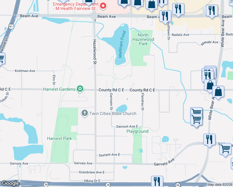 map of restaurants, bars, coffee shops, grocery stores, and more near 1589 County Road C East in Maplewood