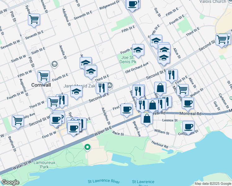 map of restaurants, bars, coffee shops, grocery stores, and more near 417 Second Street East in Cornwall