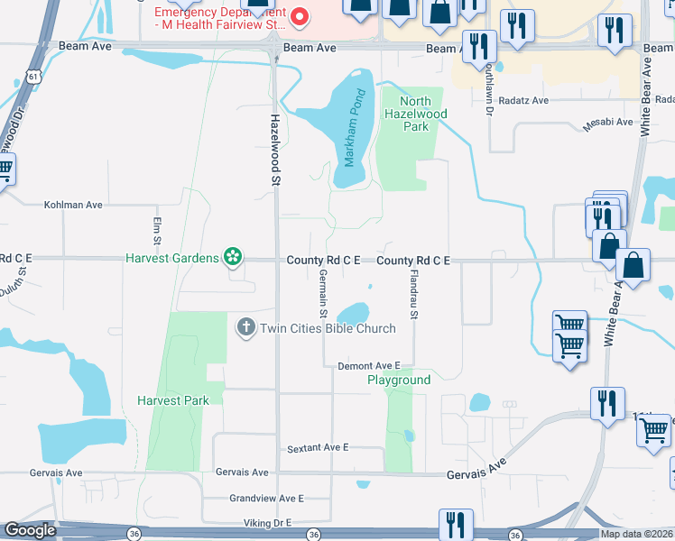 map of restaurants, bars, coffee shops, grocery stores, and more near 1589 County Road C East in Maplewood