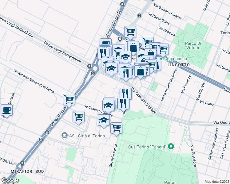 map of restaurants, bars, coffee shops, grocery stores, and more near 28 Via Onorato Vigliani in Turin