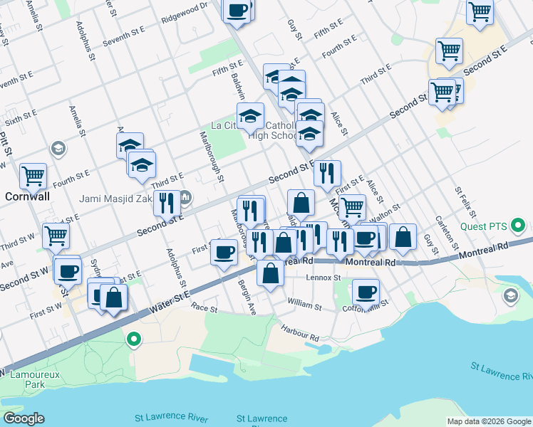 map of restaurants, bars, coffee shops, grocery stores, and more near 112 Lawrence Avenue in Cornwall