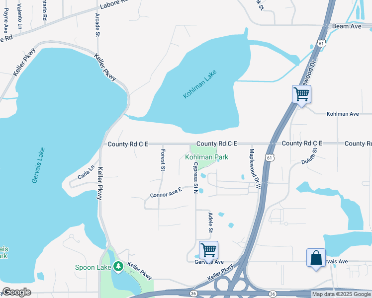 map of restaurants, bars, coffee shops, grocery stores, and more near 1000 County Road C East in Maplewood