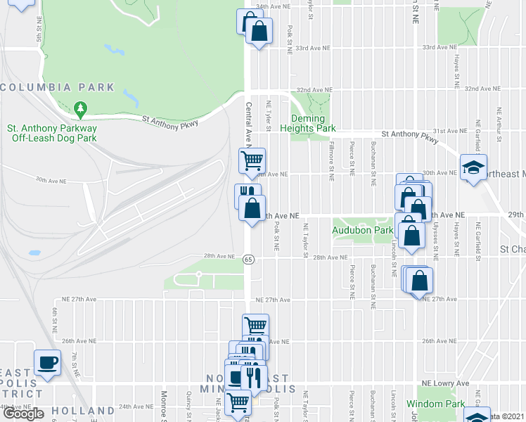 map of restaurants, bars, coffee shops, grocery stores, and more near 2923 Northeast Tyler Street in Minneapolis