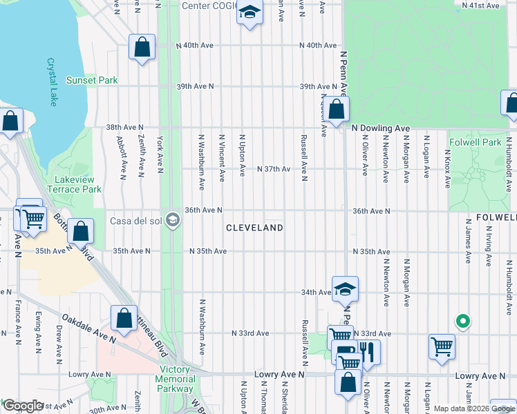 map of restaurants, bars, coffee shops, grocery stores, and more near 3615 North Thomas Avenue in Minneapolis