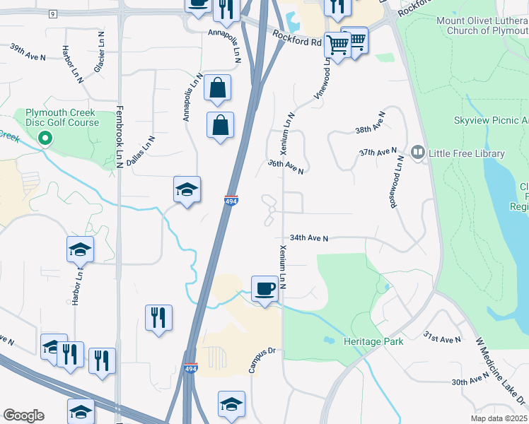 map of restaurants, bars, coffee shops, grocery stores, and more near 3501 Xenium Lane North in Plymouth