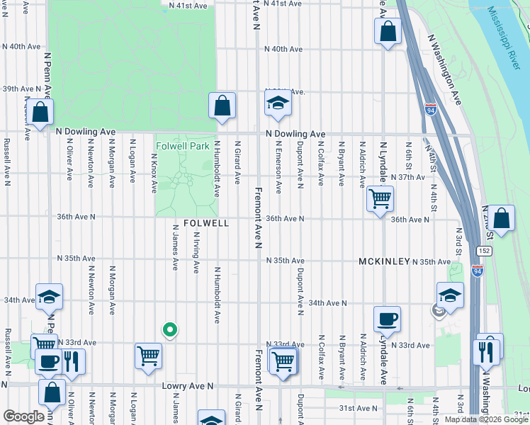 map of restaurants, bars, coffee shops, grocery stores, and more near 3618 North Fremont Avenue in Minneapolis