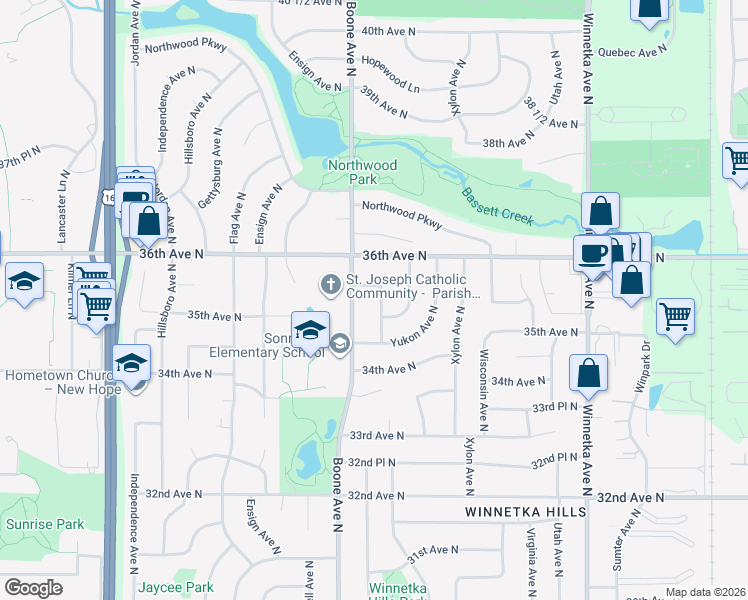 map of restaurants, bars, coffee shops, grocery stores, and more near 3548 Aquila Avenue North in Minneapolis
