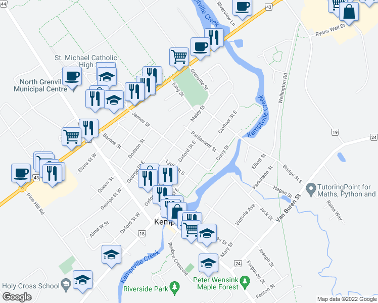 map of restaurants, bars, coffee shops, grocery stores, and more near 402 Oxford Street East in Kemptville