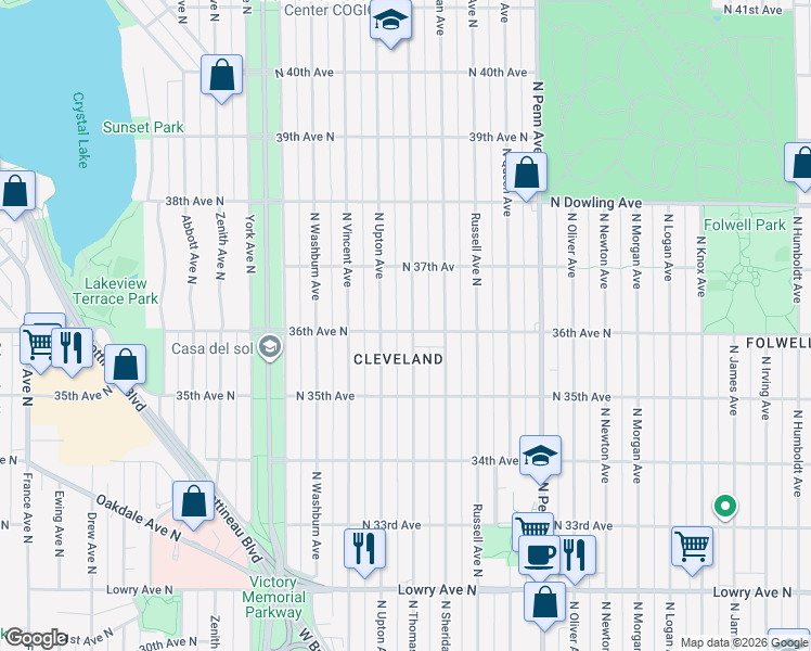map of restaurants, bars, coffee shops, grocery stores, and more near 3615 North Thomas Avenue in Minneapolis