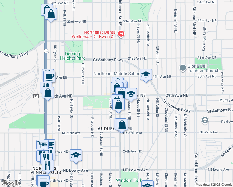 map of restaurants, bars, coffee shops, grocery stores, and more near 2919 Johnson Street Northeast in Minneapolis