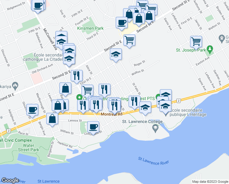 map of restaurants, bars, coffee shops, grocery stores, and more near 225 Guy Street in Cornwall