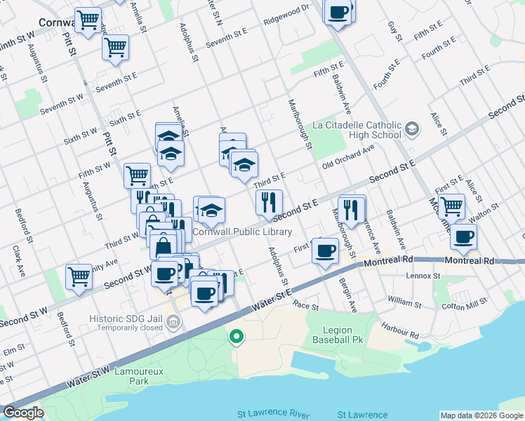 map of restaurants, bars, coffee shops, grocery stores, and more near 225 Adolphus Street in Cornwall