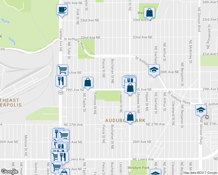 map of restaurants, bars, coffee shops, grocery stores, and more near 1315 29th Avenue Northeast in Minneapolis