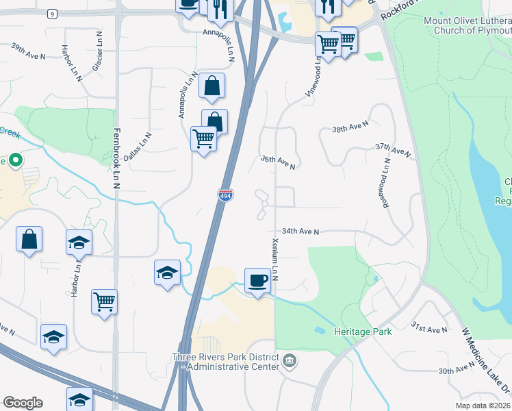 map of restaurants, bars, coffee shops, grocery stores, and more near 3501 Xenium Lane North in Plymouth