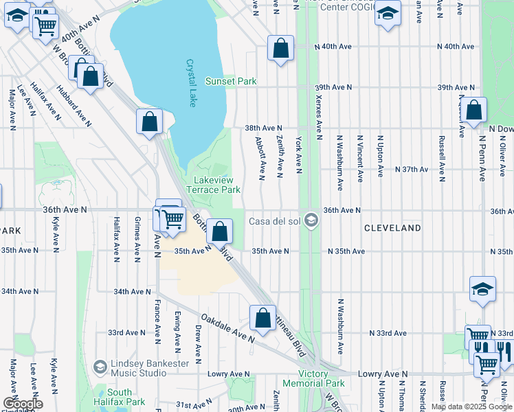 map of restaurants, bars, coffee shops, grocery stores, and more near 3605 Abbott Avenue North in Minneapolis
