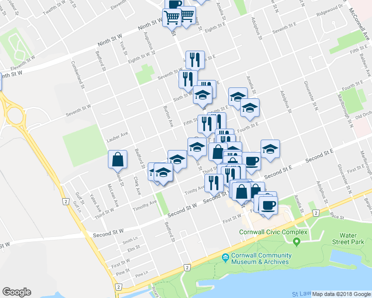 map of restaurants, bars, coffee shops, grocery stores, and more near 111 Fourth Street West in Cornwall