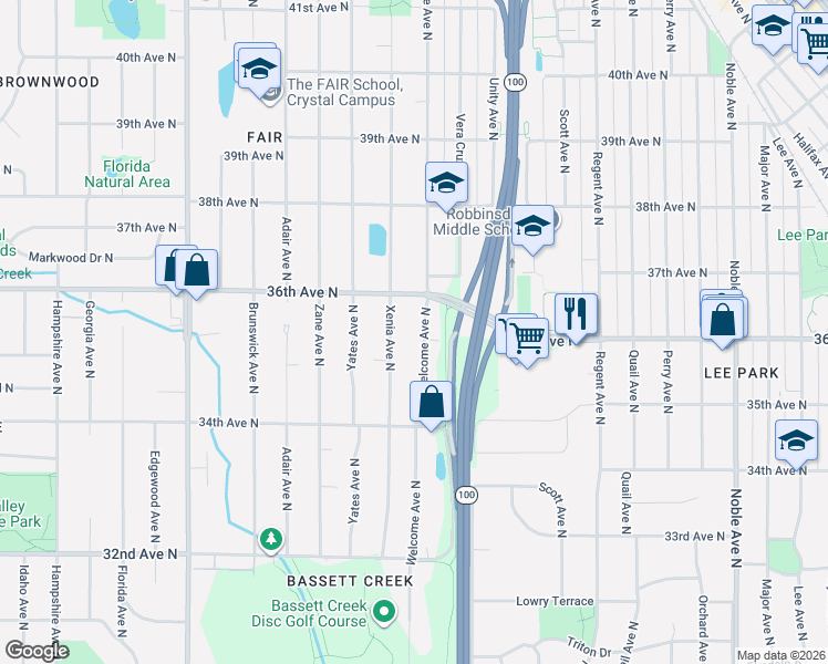 map of restaurants, bars, coffee shops, grocery stores, and more near 3543 Welcome Avenue North in Minneapolis