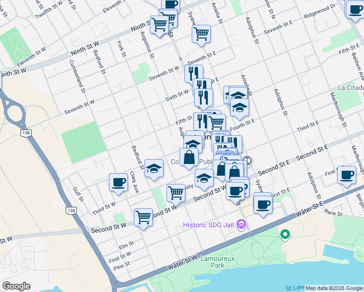 map of restaurants, bars, coffee shops, grocery stores, and more near 111 Fourth Street West in Cornwall