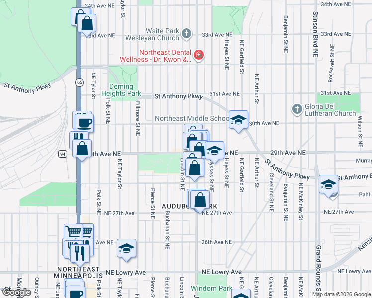 map of restaurants, bars, coffee shops, grocery stores, and more near 2905 Lincoln Street Northeast in Minneapolis