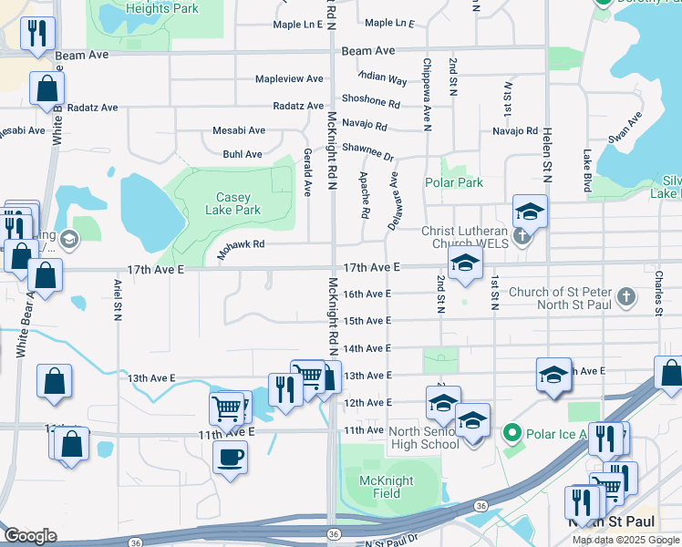 map of restaurants, bars, coffee shops, grocery stores, and more near 2268 17th Avenue East in North Saint Paul