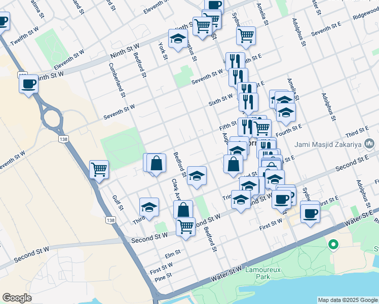 map of restaurants, bars, coffee shops, grocery stores, and more near 21 Rideau Avenue in Cornwall