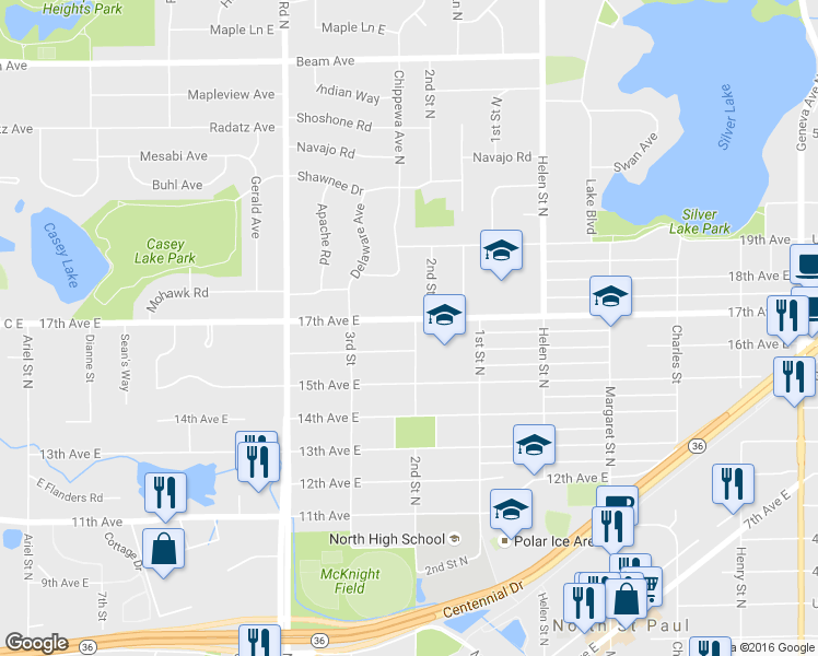 map of restaurants, bars, coffee shops, grocery stores, and more near 2633 2nd Street North in North St. Paul