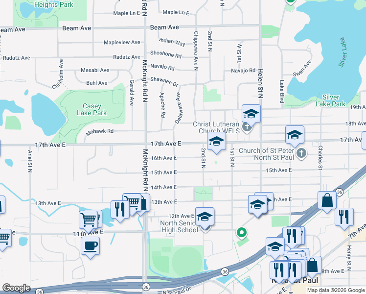 map of restaurants, bars, coffee shops, grocery stores, and more near 2336 17th Avenue East in North Saint Paul