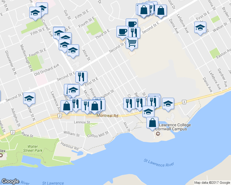 map of restaurants, bars, coffee shops, grocery stores, and more near 228 Guy Street in Cornwall