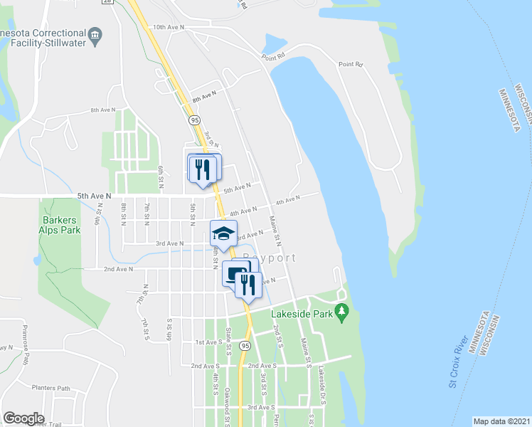 map of restaurants, bars, coffee shops, grocery stores, and more near 468 Maine Street North in Bayport