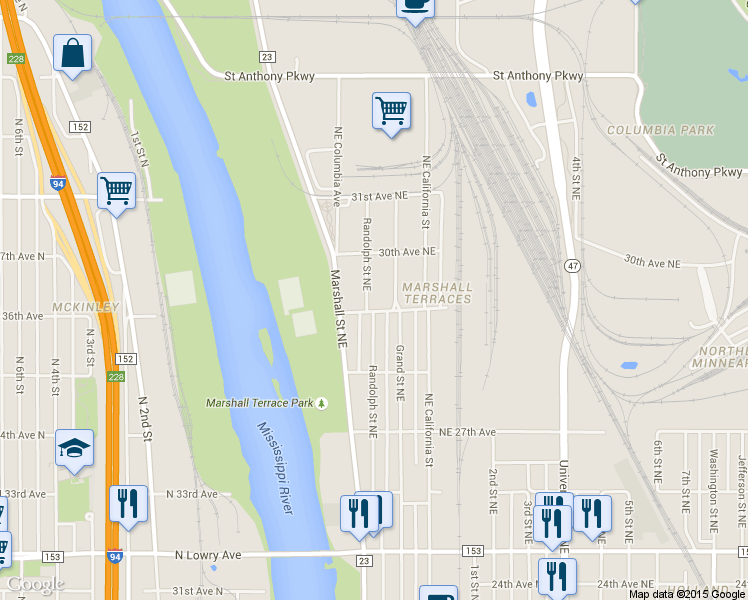 map of restaurants, bars, coffee shops, grocery stores, and more near 129 29th Avenue Northeast in Minneapolis