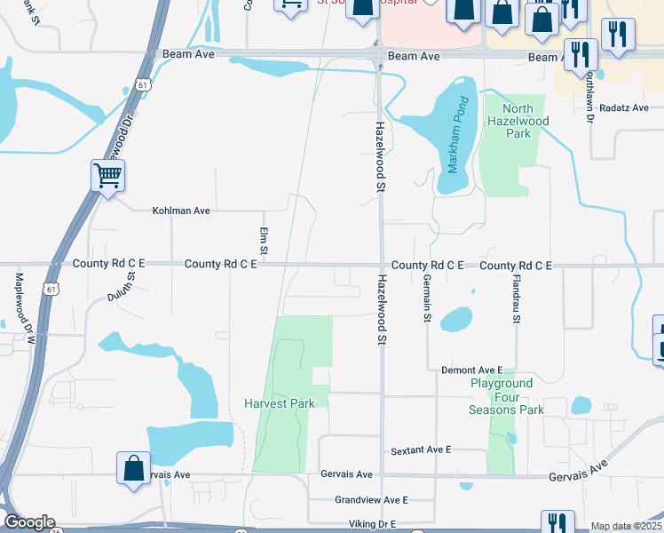 map of restaurants, bars, coffee shops, grocery stores, and more near 1448 County Road C East in Maplewood