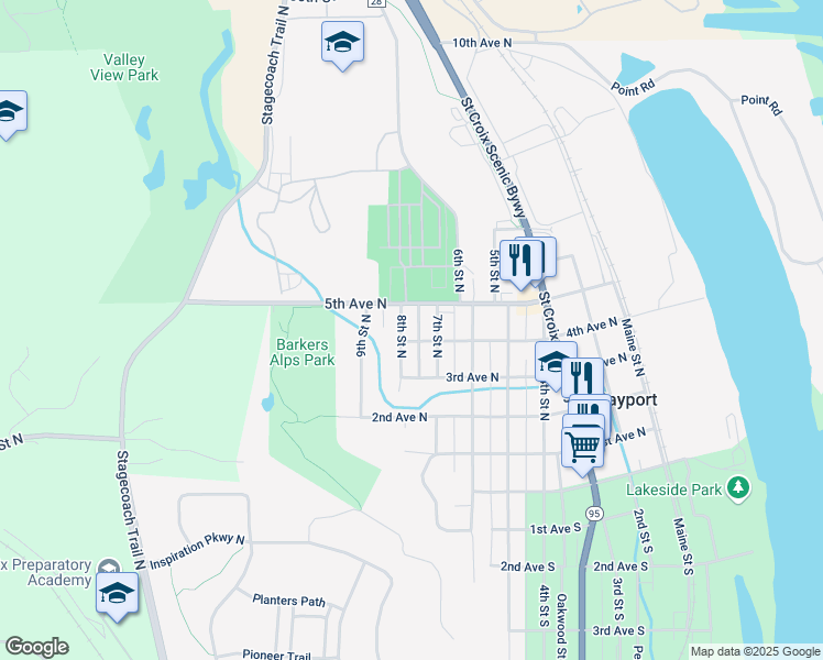 map of restaurants, bars, coffee shops, grocery stores, and more near 546 7th Street North in Bayport