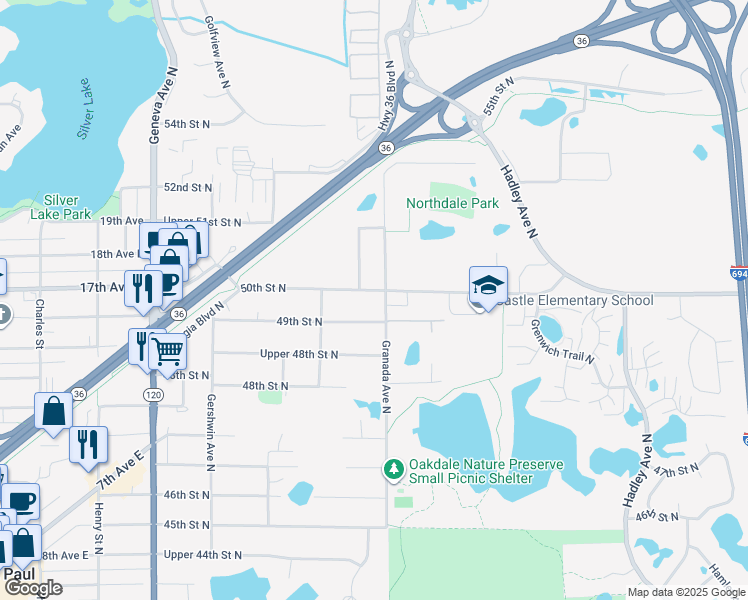 map of restaurants, bars, coffee shops, grocery stores, and more near 6451 50th Street North in Saint Paul