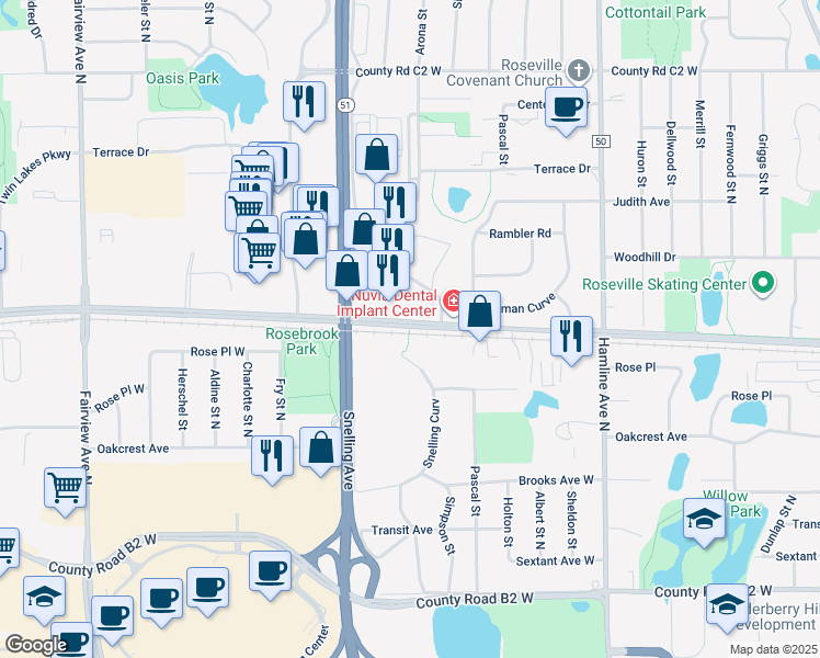 map of restaurants, bars, coffee shops, grocery stores, and more near 1525 County Road C West in Roseville
